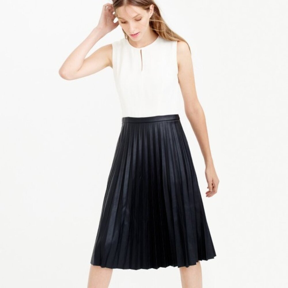 Jcrew Sleeveless Two Toned Black Cream Pleated Faux Leather Combo Dress Size 2